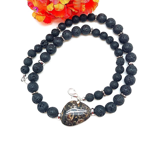 Turritella Agate & Lava Rock Unisex Necklace 18” or 20”, NWT, Ships in Gift Box - Picture 5 of 10